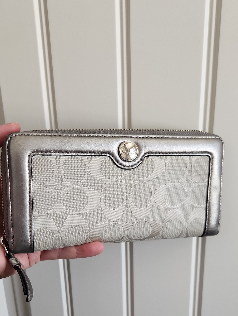 Coach Metallic Silver Signature Zip Wallet